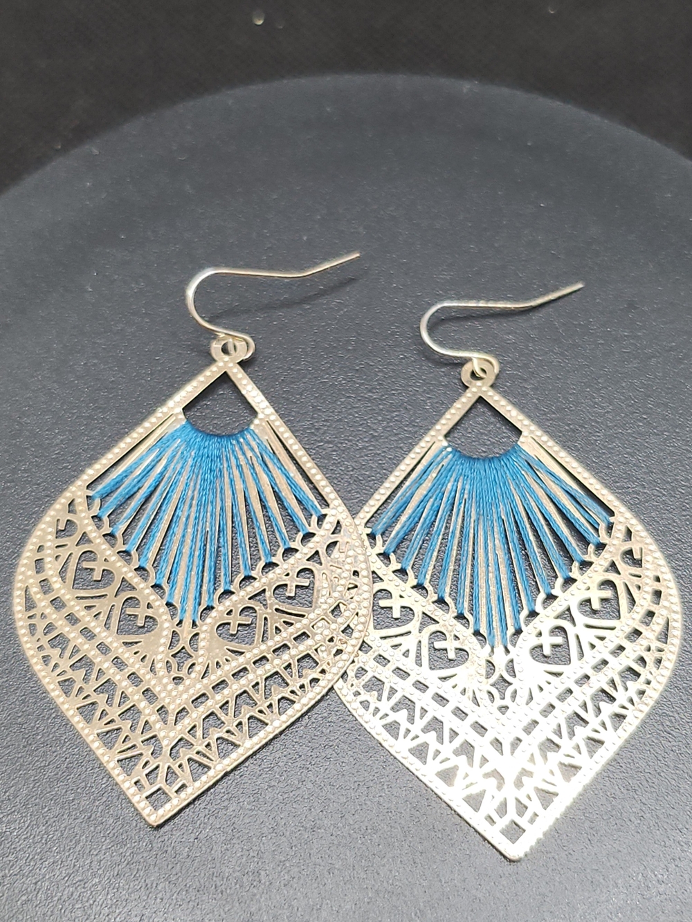 Handcrafted Blue Thread Accented Filigree Drop Earrings - Women Jewelry